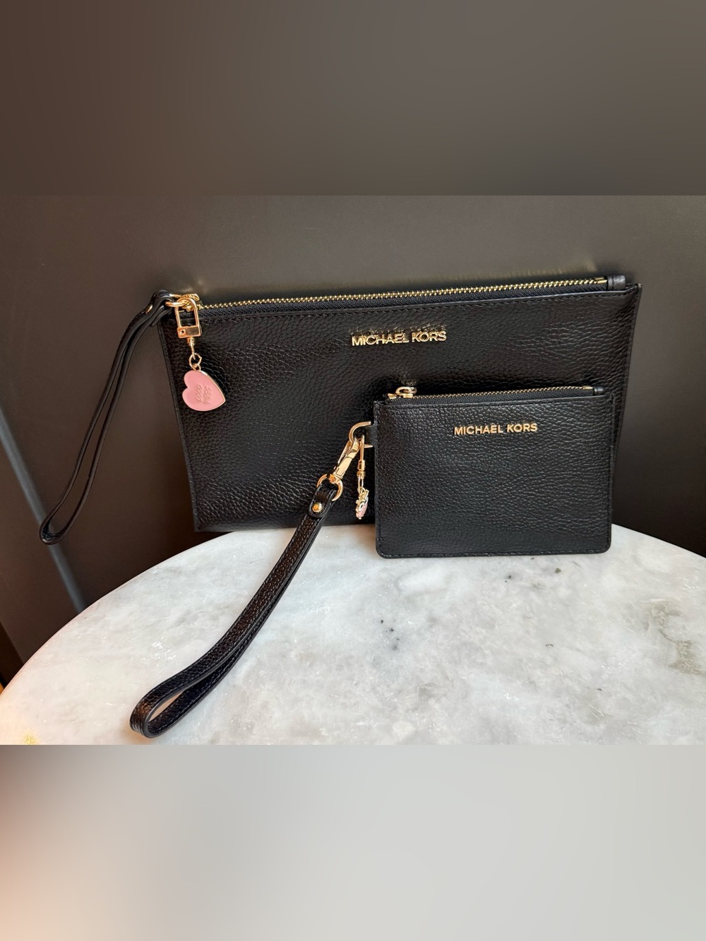 MICHAEL KORS Black Leather Wristlet  & Card Holder Wallet w/keychain Bundle 🖤🖤